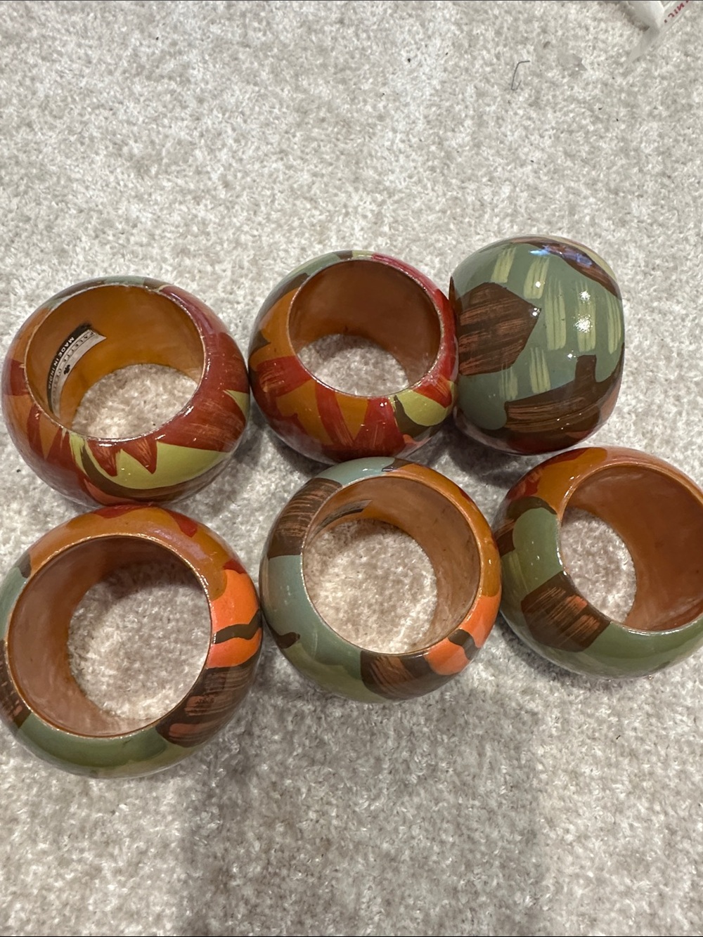 Hand-Painted Green and Orange Wooden Bangle Bracelet